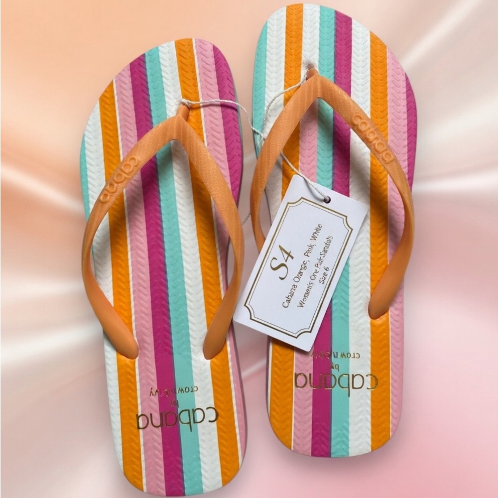S4,Women’s Striped  One Pair Of Flip Flops in Orange, Pink & Teal,Size 6.